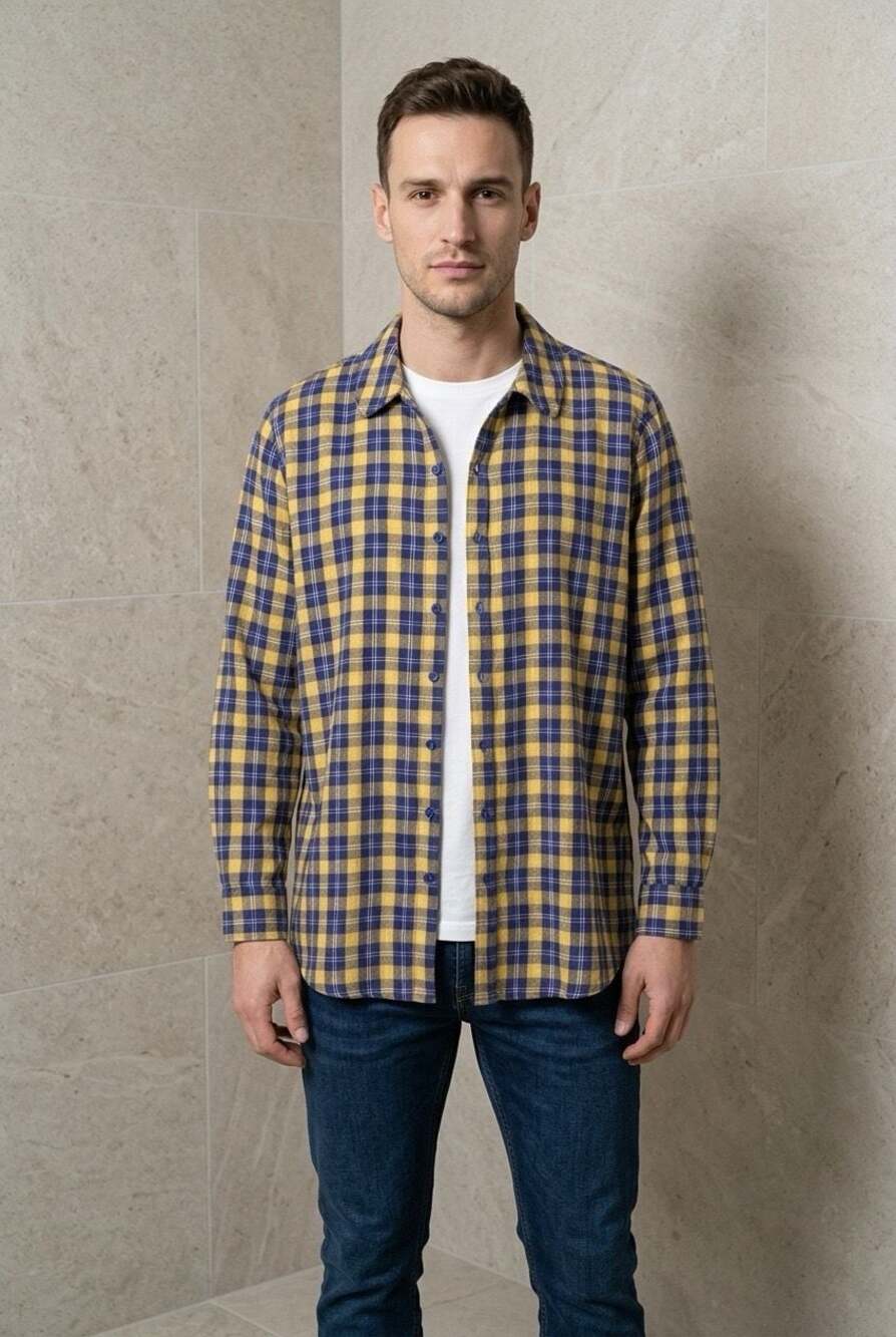 Outfitters Basics Size L Yellow and Blue Plaid Button Down Shirt item# 180